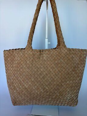 Milaner The Mini Elena Woven Handbag in Taupe Suede - Pre-loved